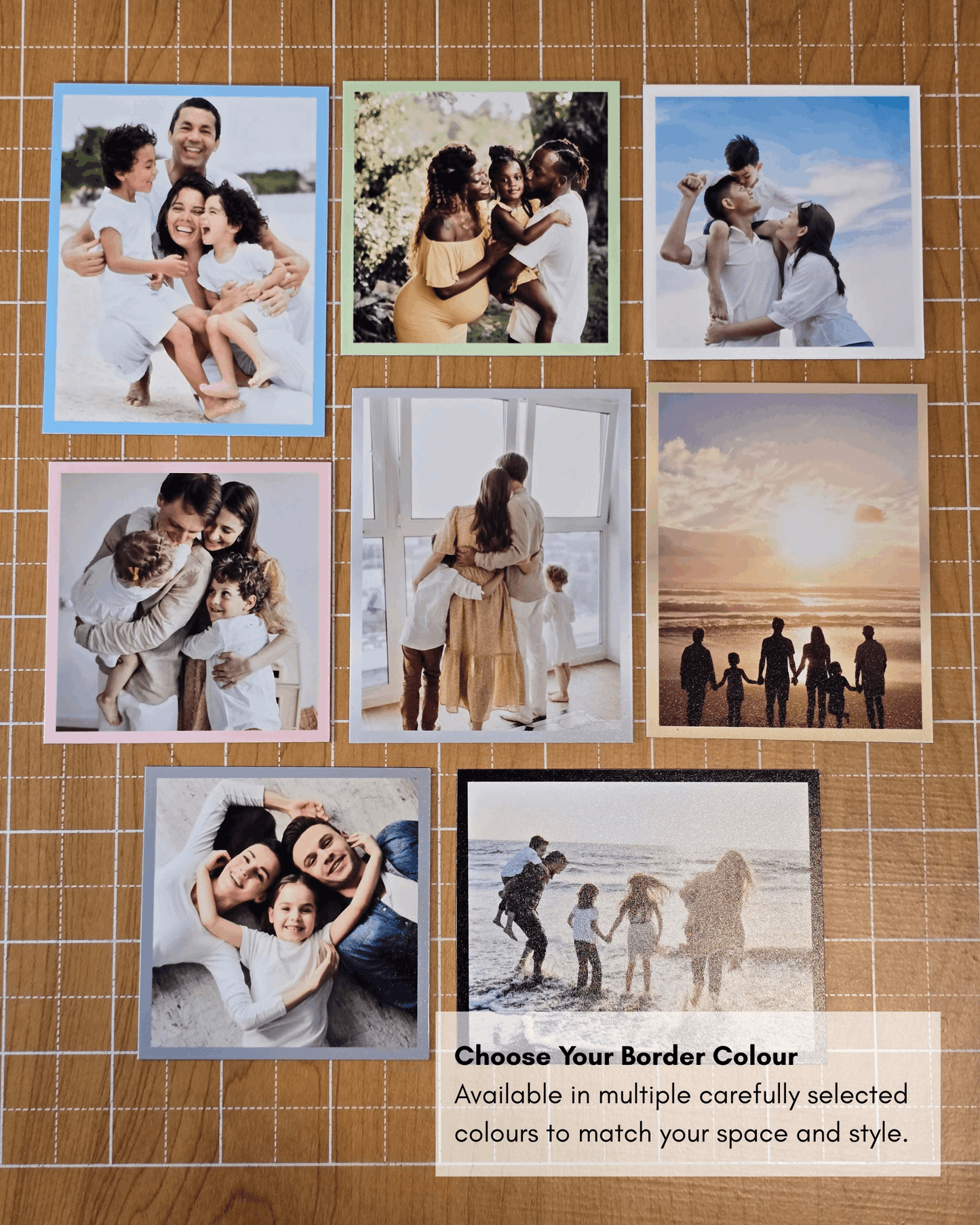 Custom photo magnets with coloured borders displayed in multiple colour options for personalized fridge decor.