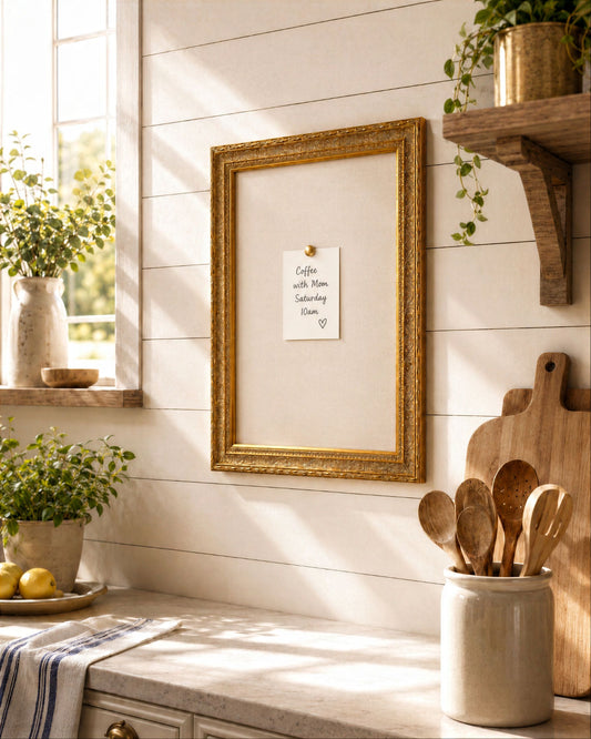 Gold framed magnetic memo board in a sunlit kitchen with a handwritten note, plants, wood accents, and warm natural home decor.