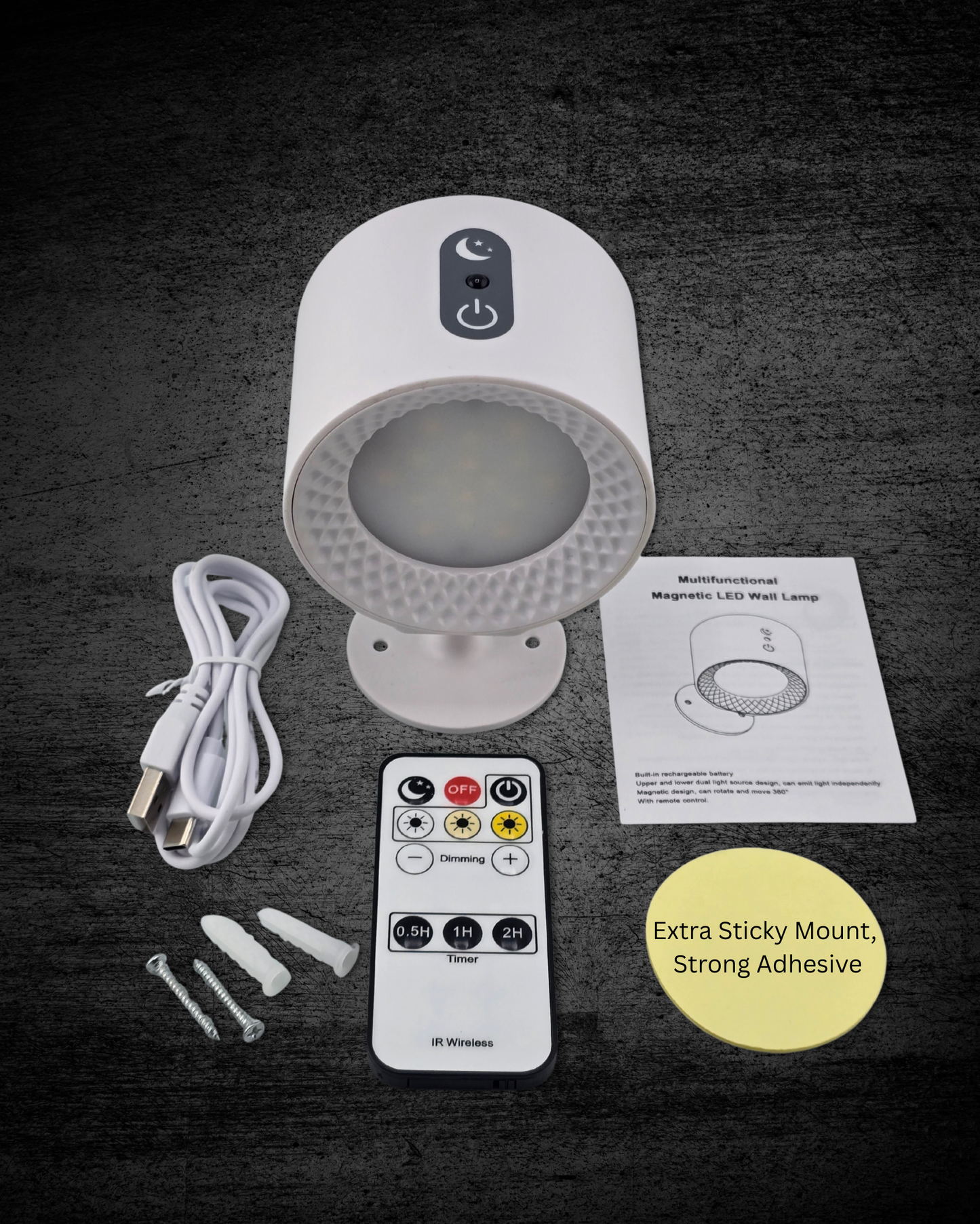 LED wall lamp with remote control, adhesive pads, and USB cable on a dark background