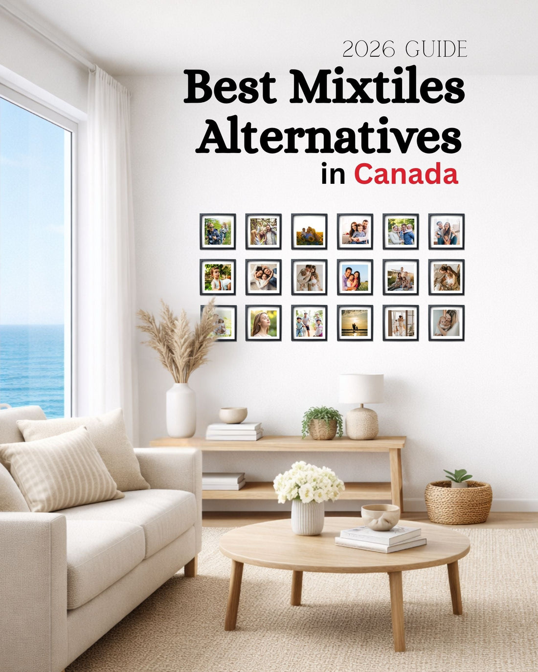 Modern gallery wall with square photo frames and nature prints showcasing Canadian photo tile alternatives