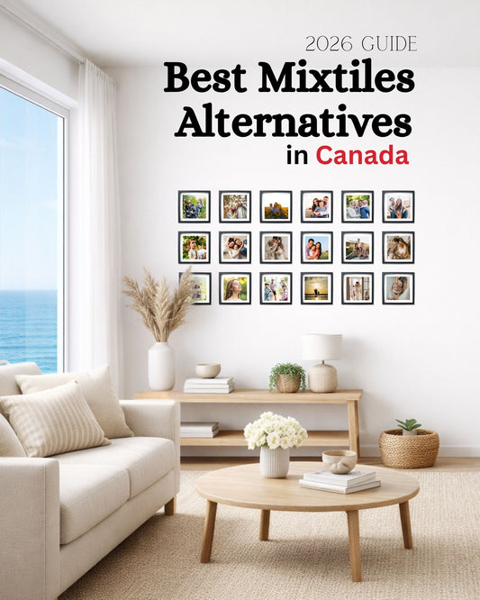 Modern gallery wall with square photo frames and nature prints showcasing Canadian photo tile alternatives