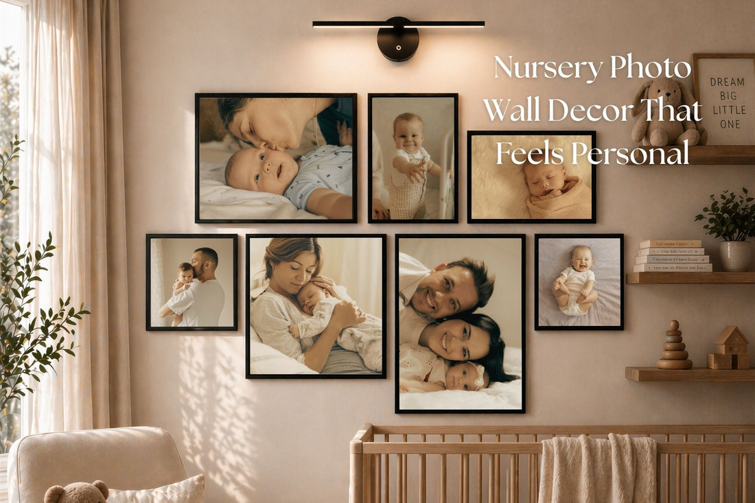Nursery gallery wall with black framed family and baby photos, warm neutral decor, soft natural light, and title text reading “Nursery Photo Wall Decor That Feels Personal.”