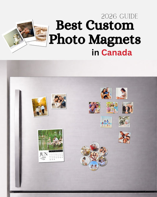 Best custom photo magnets in Canada displayed on a fridge with family photos and personalized picture magnets