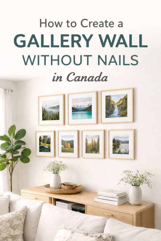 Gallery wall without nails using magnetic photo frames in a modern home in Canada