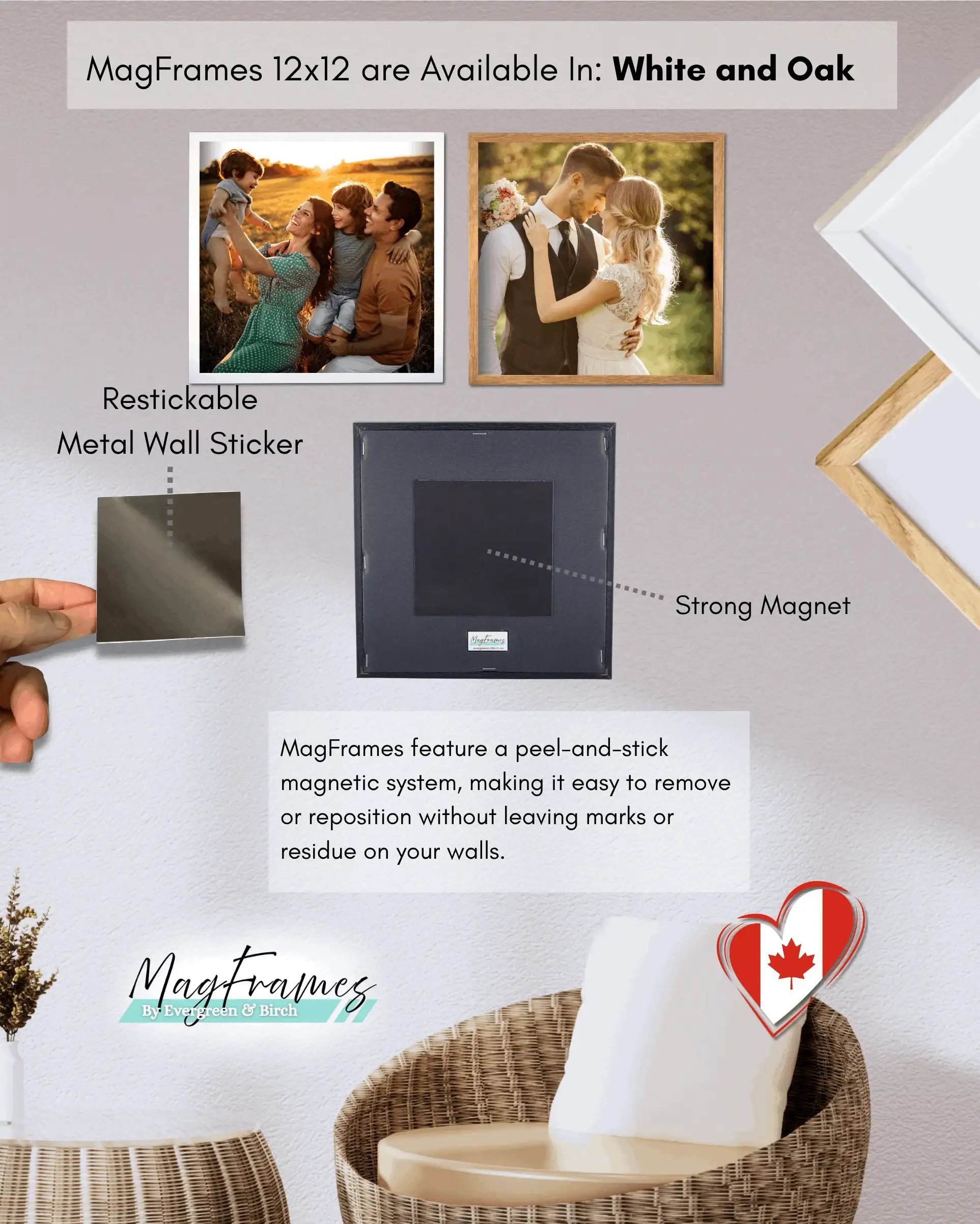 12x12 MagFrames magnetic photo frames showing white and oak options with peel and stick metal wall mounting system.