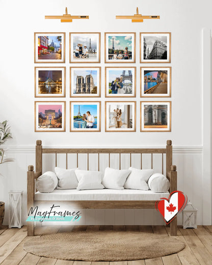 Square 12x12 magnetic peel and stick photo frames in oak finish styled as a gallery wall in a modern home interior.