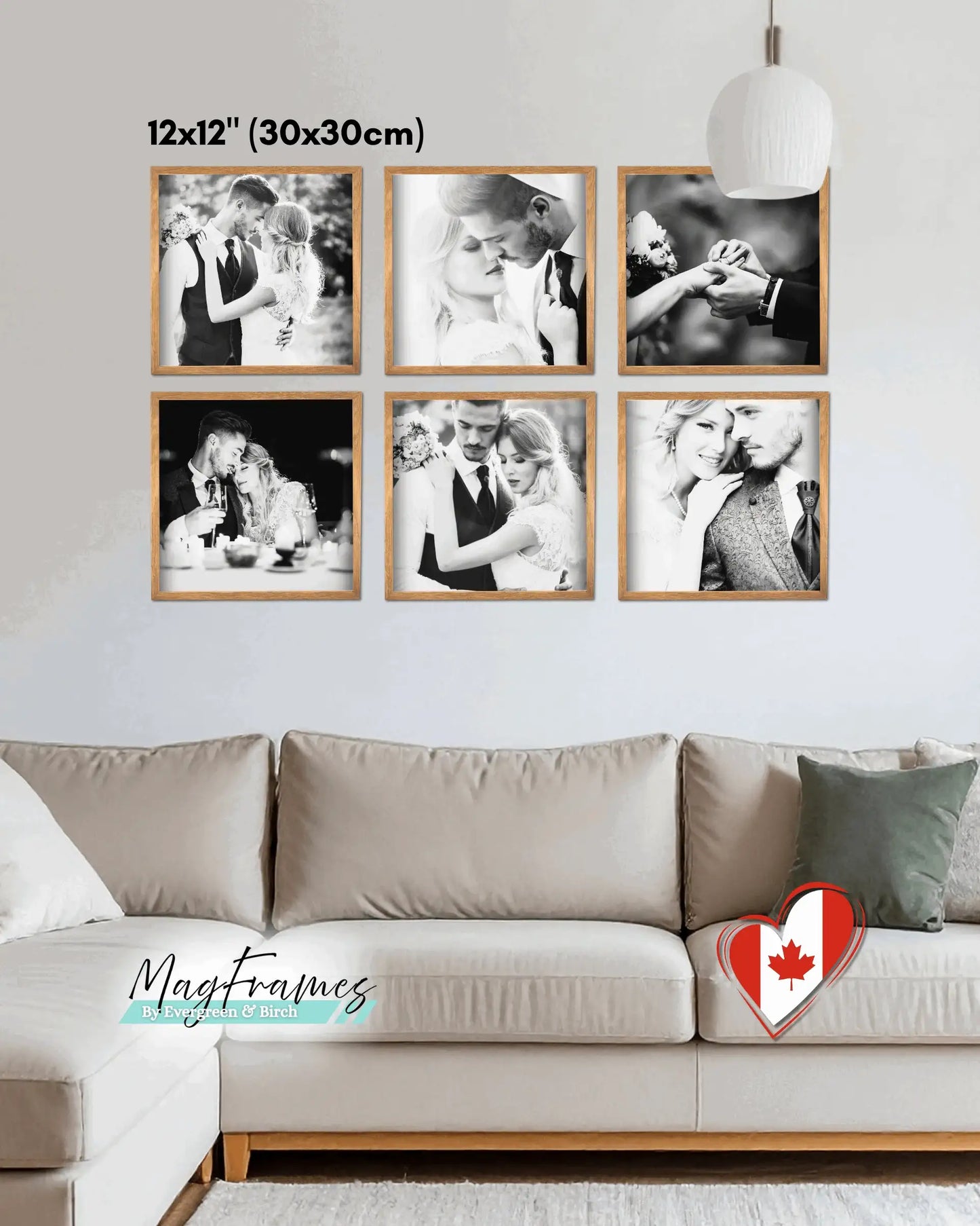 Six 12x12 square magnetic photo frames arranged as a wedding gallery wall in a modern living room.