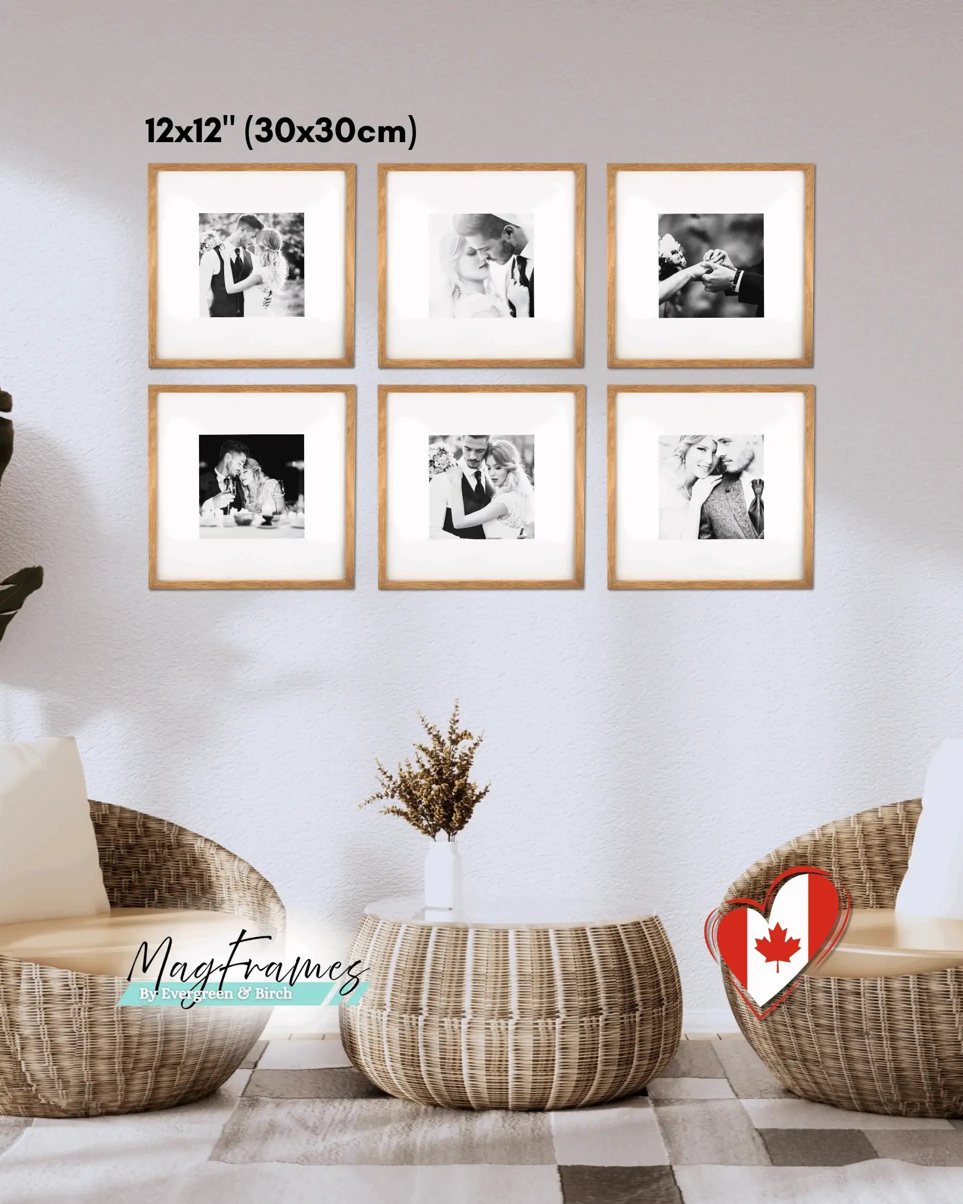 12x12 magnetic peel and stick photo frames in oak finish arranged as a square gallery wall in a modern living space.