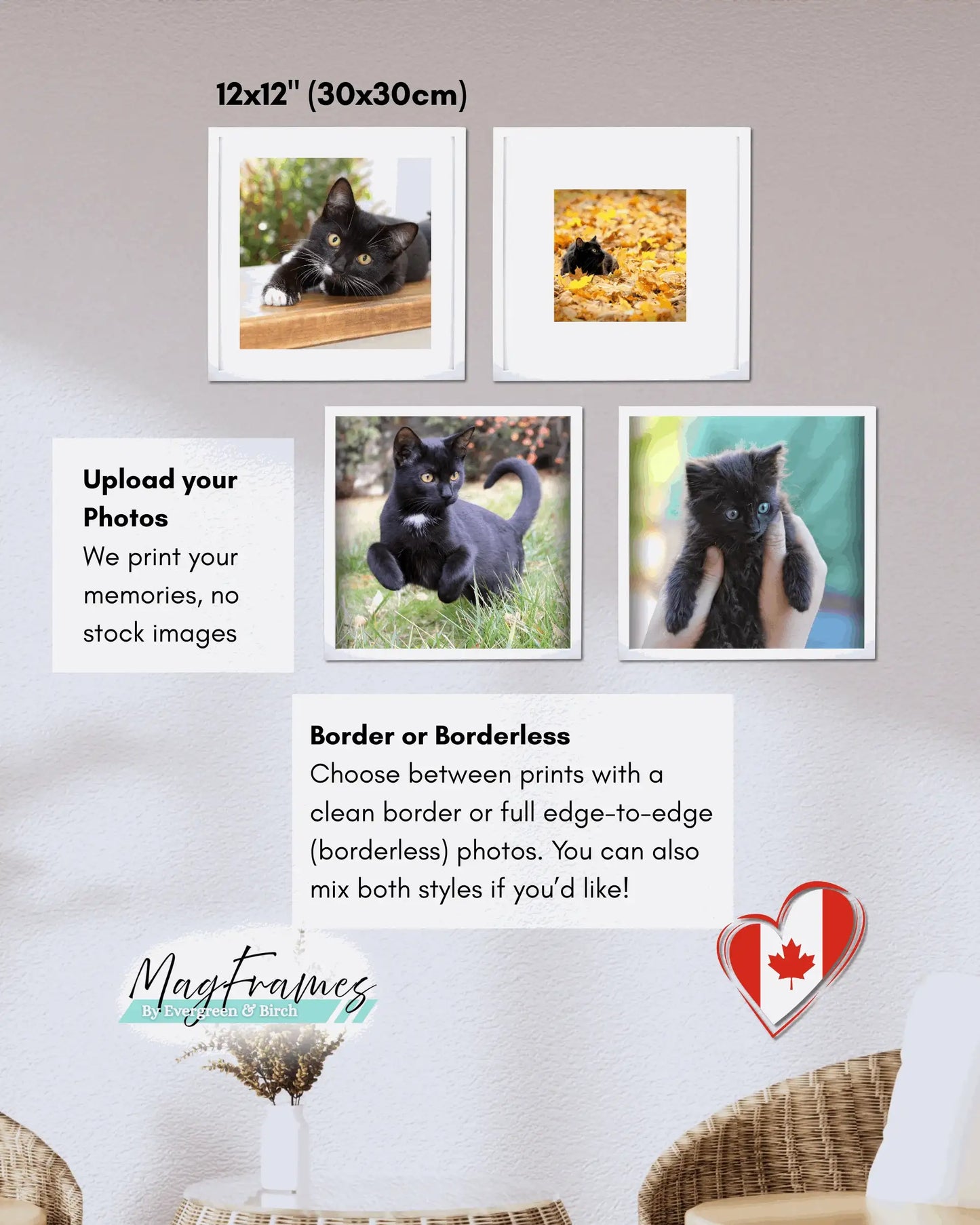 12x12 square magnetic photo frames displaying custom pet photos with border and full edge-to-edge options.