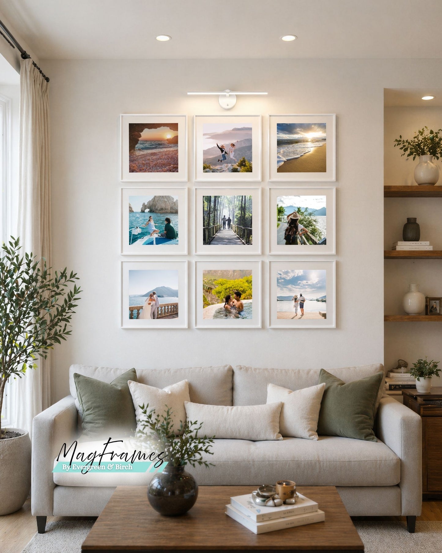 Modern living room with 3x3 gallery wall of 12x12 white magnetic photo frames above a neutral sofa