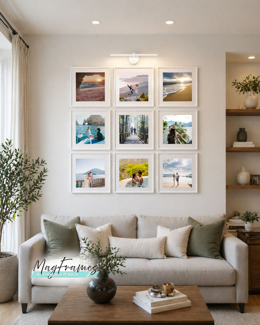Modern living room with 3x3 gallery wall of 12x12 white magnetic photo frames above a neutral sofa