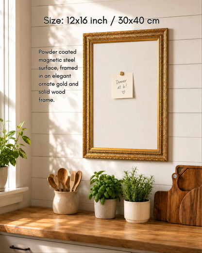 12x16 gold framed magnetic board with a pinned note, styled in a warm sunlit kitchen with plants, wood accents, and natural home decor.