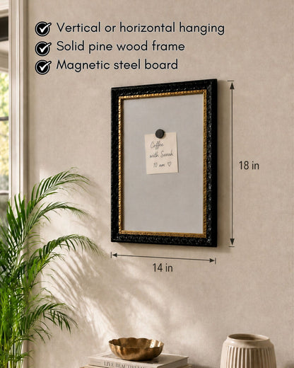 This 14x18 black and gold magnetic board features a solid pine wood frame, magnetic steel surface, and vertical or horizontal hanging design shown in a styled home interior.