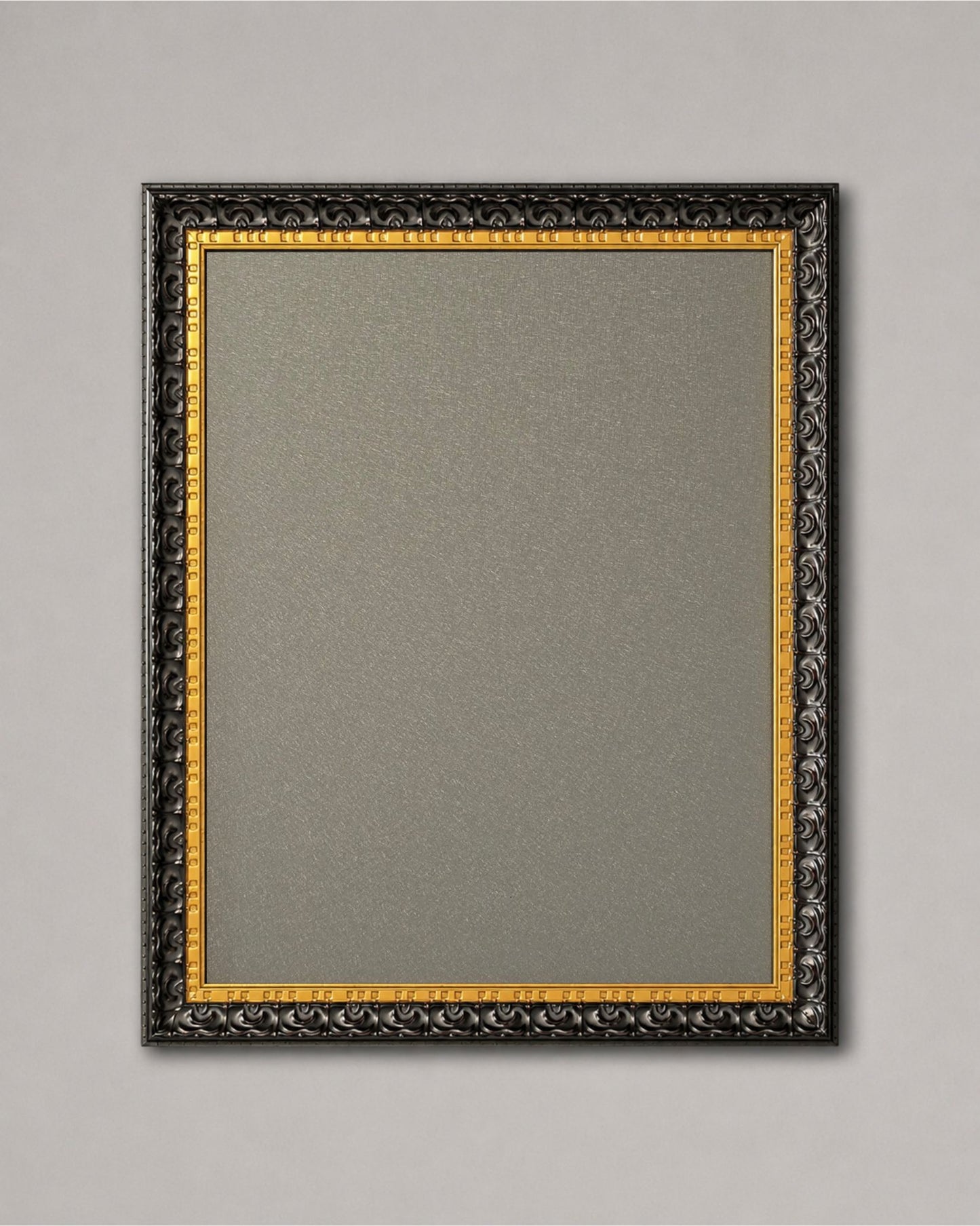 This 14x18 black and gold magnetic board features a light gray magnetic steel surface with an ornate vintage solid wood frame displayed against a neutral wall background.