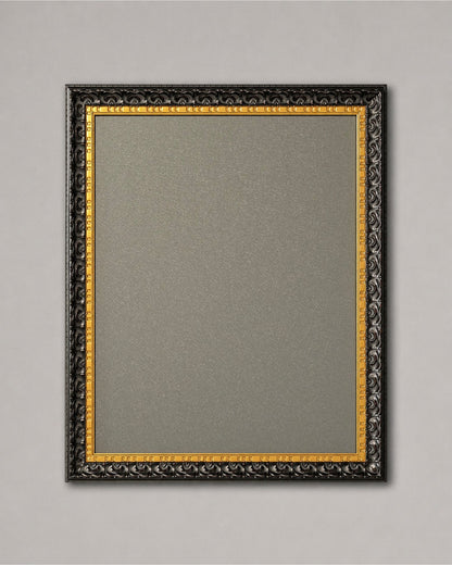 This 14x18 black and gold magnetic board features a light gray magnetic steel surface with an ornate vintage solid wood frame displayed against a neutral wall background.