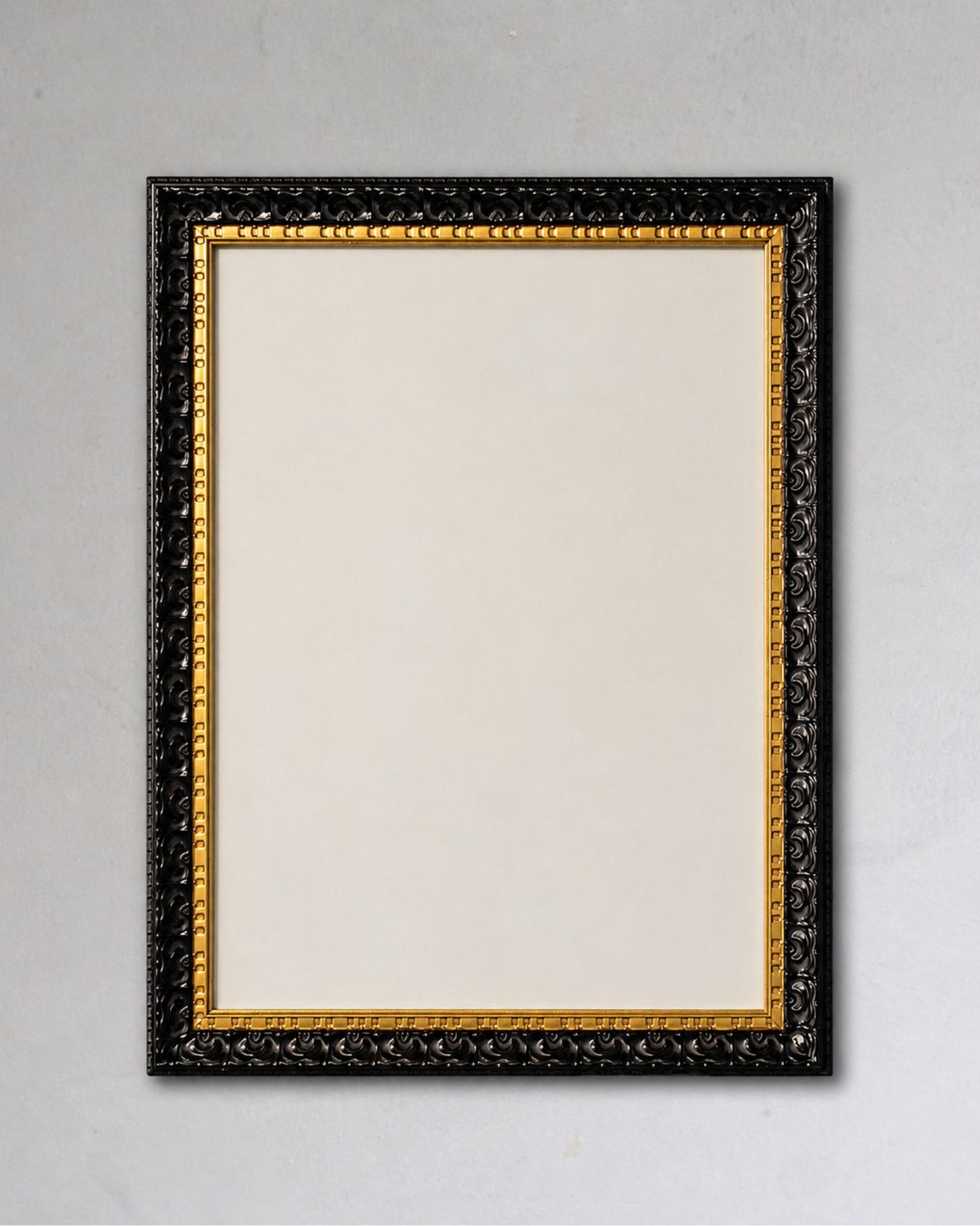This 14x18 Ice White magnetic board features a black and gold vintage solid wood frame with a smooth powder coated magnetic steel surface displayed against a neutral gray wall.