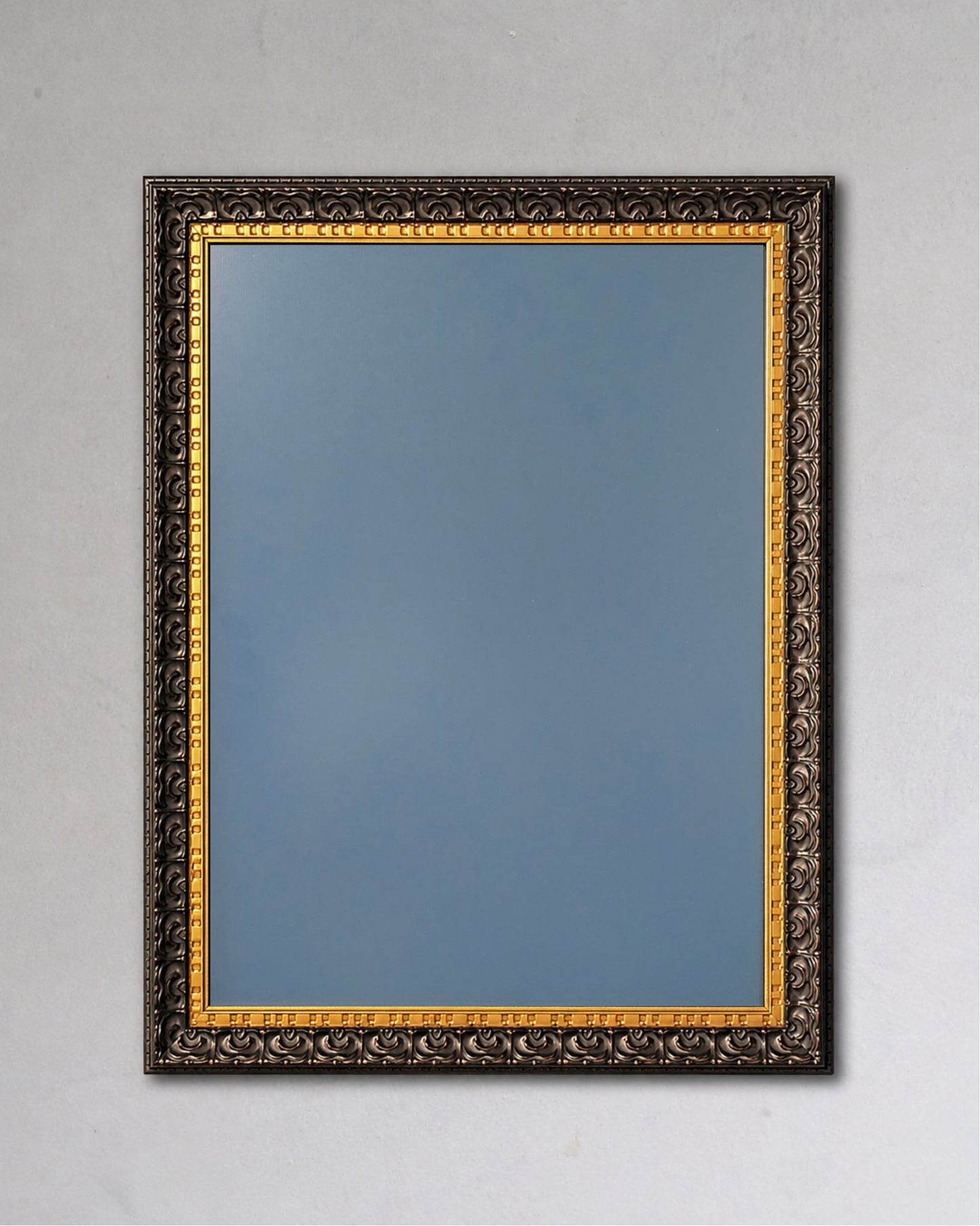 This 14x18 Navy Blue magnetic board features a black and gold vintage solid wood frame with a powder coated magnetic steel surface displayed against a neutral gray wall.