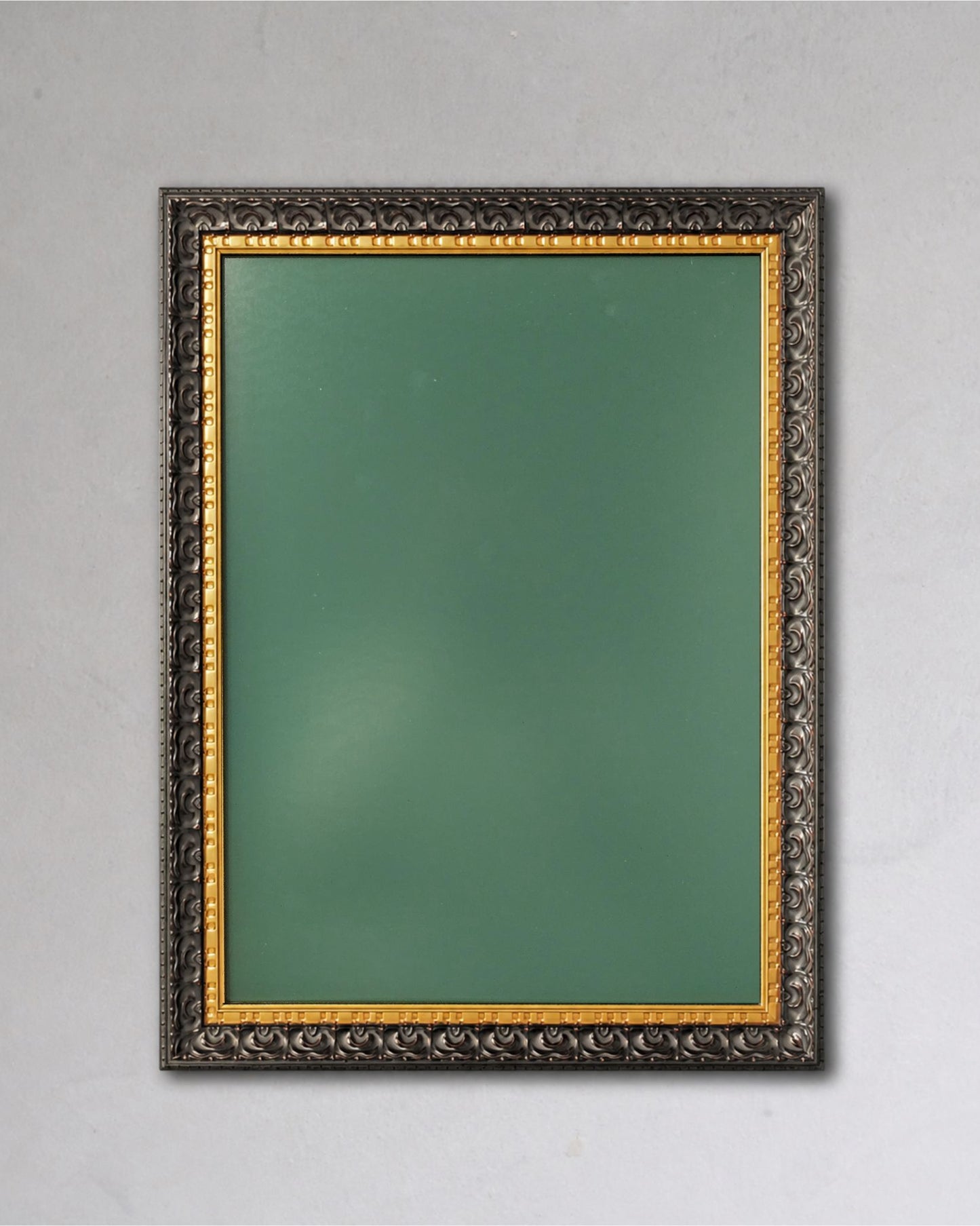 This 14x18 Royal Green magnetic board features a black and gold vintage solid wood frame with a powder coated magnetic steel surface displayed against a neutral gray wall.