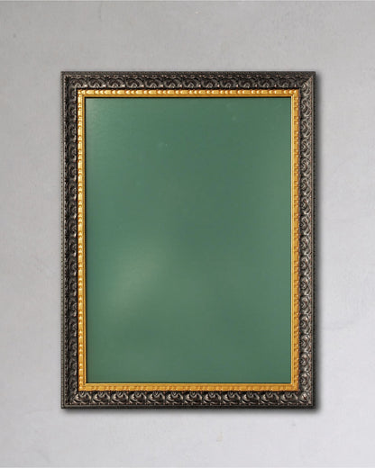 This 14x18 Royal Green magnetic board features a black and gold vintage solid wood frame with a powder coated magnetic steel surface displayed against a neutral gray wall.