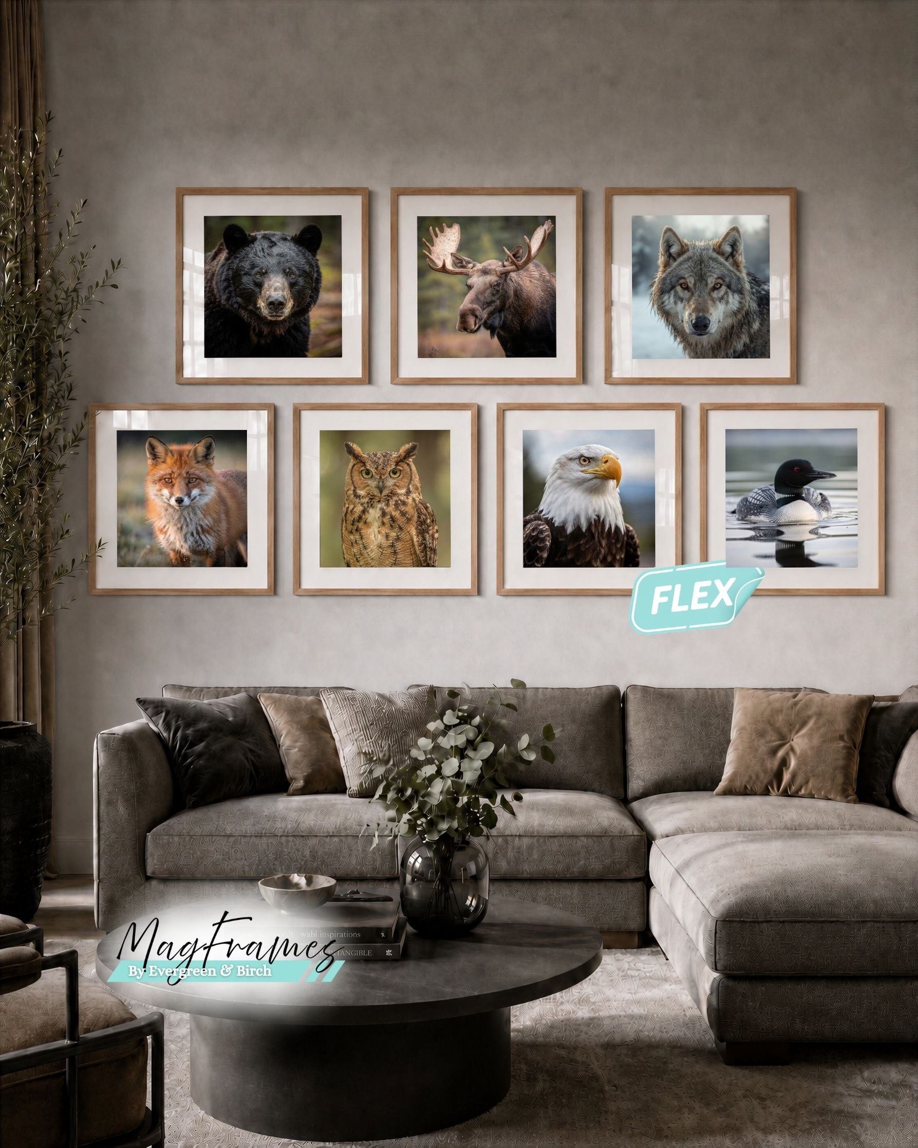 20x20 oak MagFrames Flex gallery wall with interchangeable Canadian animal portrait prints above a gray sectional sofa.