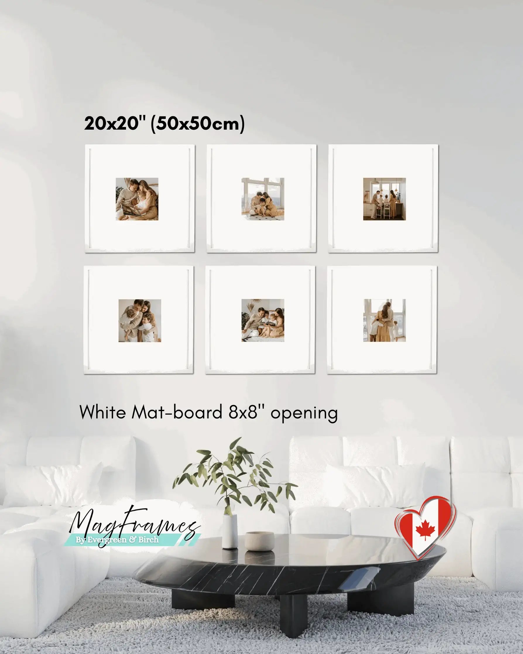 20x20 white magnetic photo frames with mat board and 8x8 opening creating a modern gallery wall in a living room.