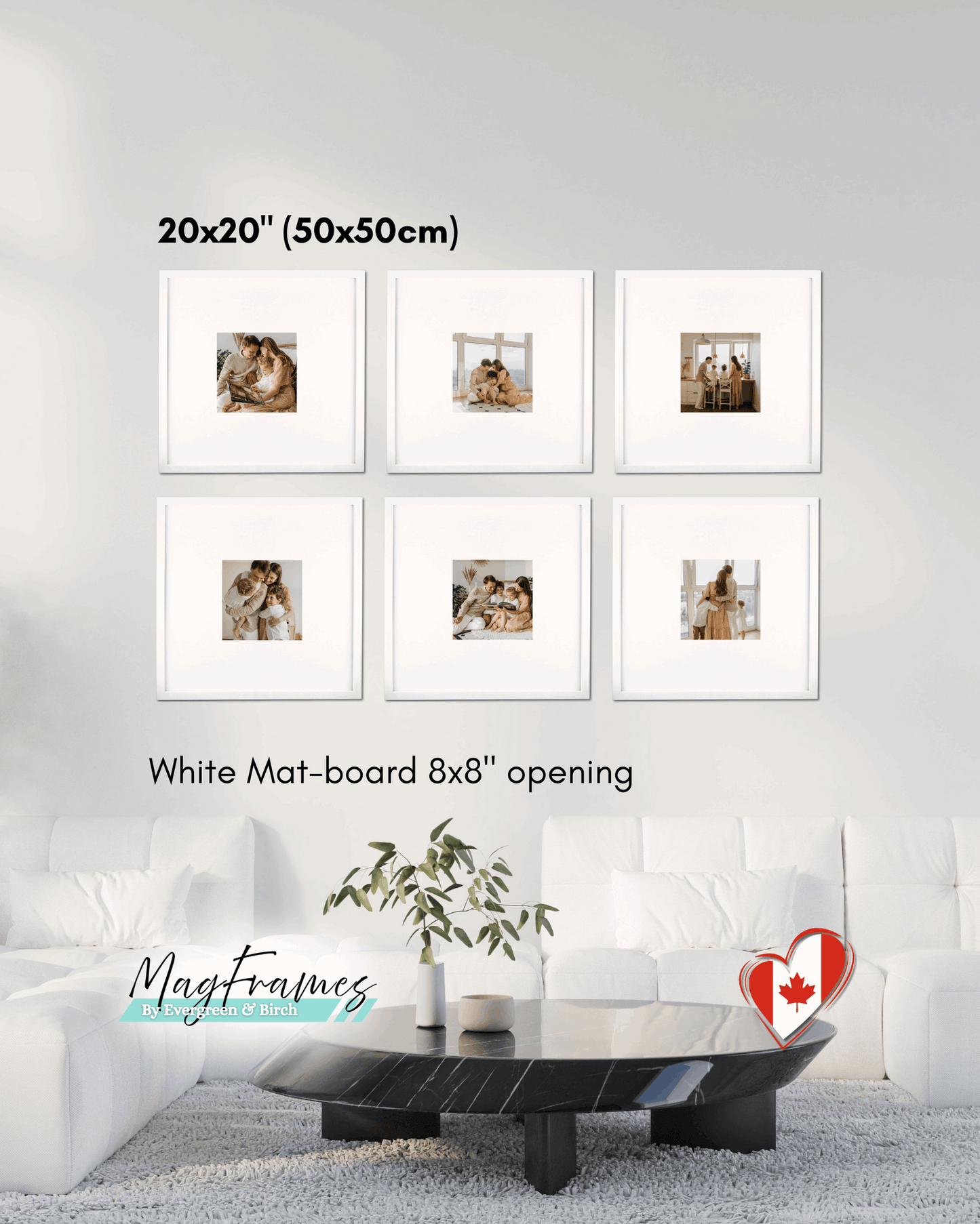 20x20 white magnetic photo frames with mat board and 8x8 opening creating a modern gallery wall in a living room.