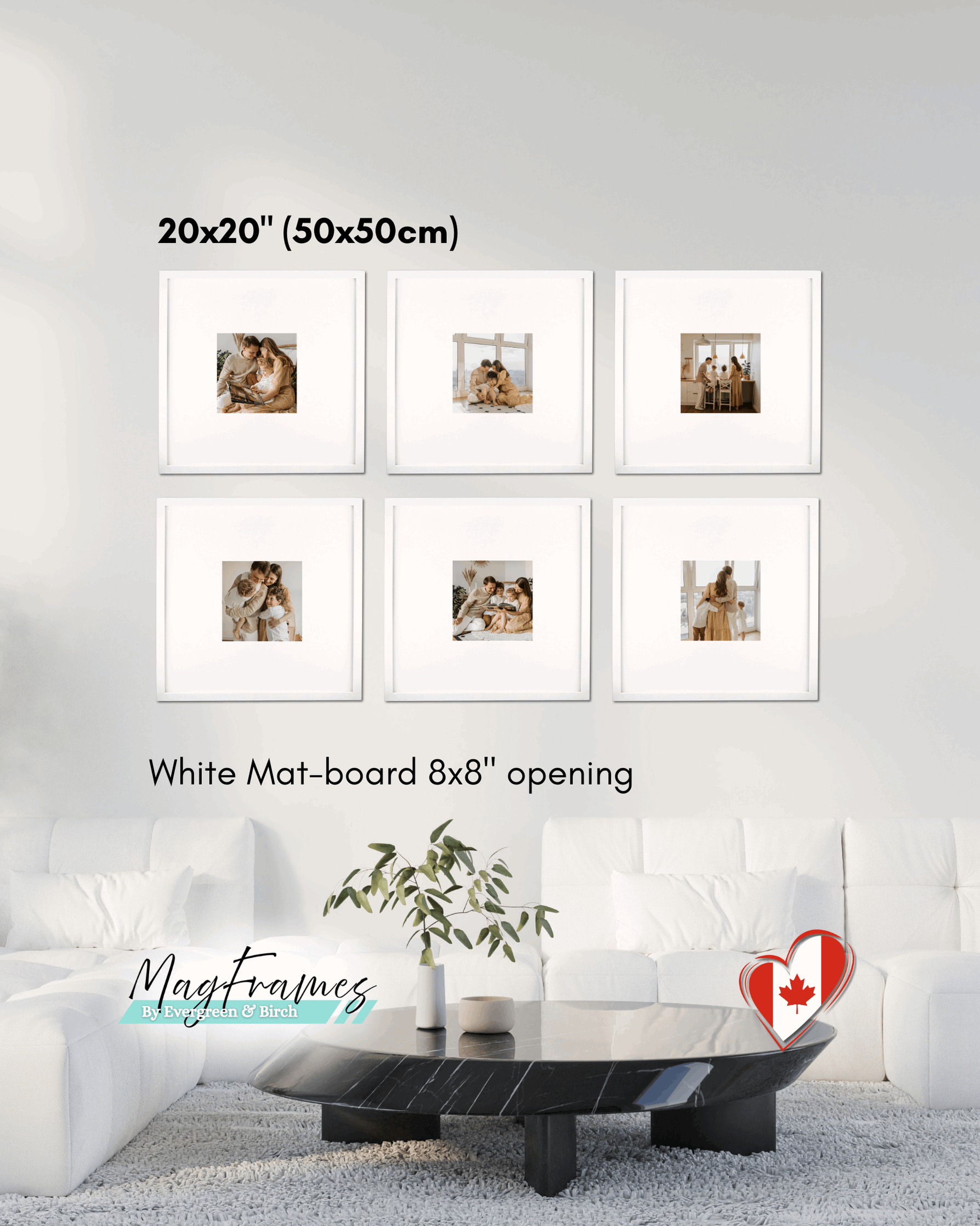 20x20 white magnetic photo frames with mat board and 8x8 opening creating a modern gallery wall in a living room.
