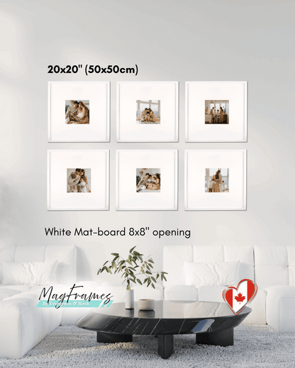 20x20 white magnetic photo frames with mat board and 8x8 opening creating a modern gallery wall in a living room.