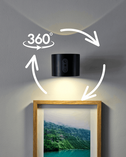 Black wall-mounted light fixture with 360-degree rotation on a gray wall.
