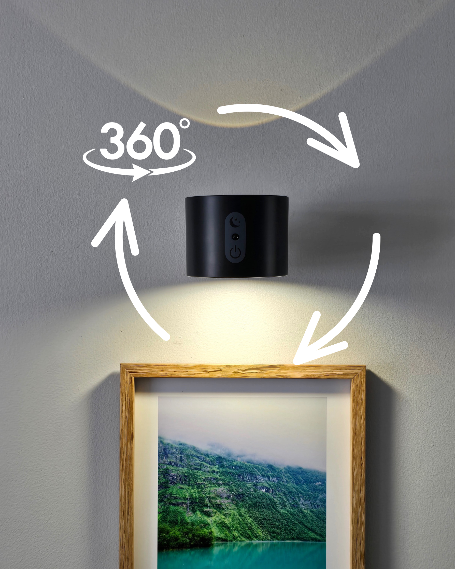 Black wall-mounted light fixture with 360-degree rotation on a gray wall.
