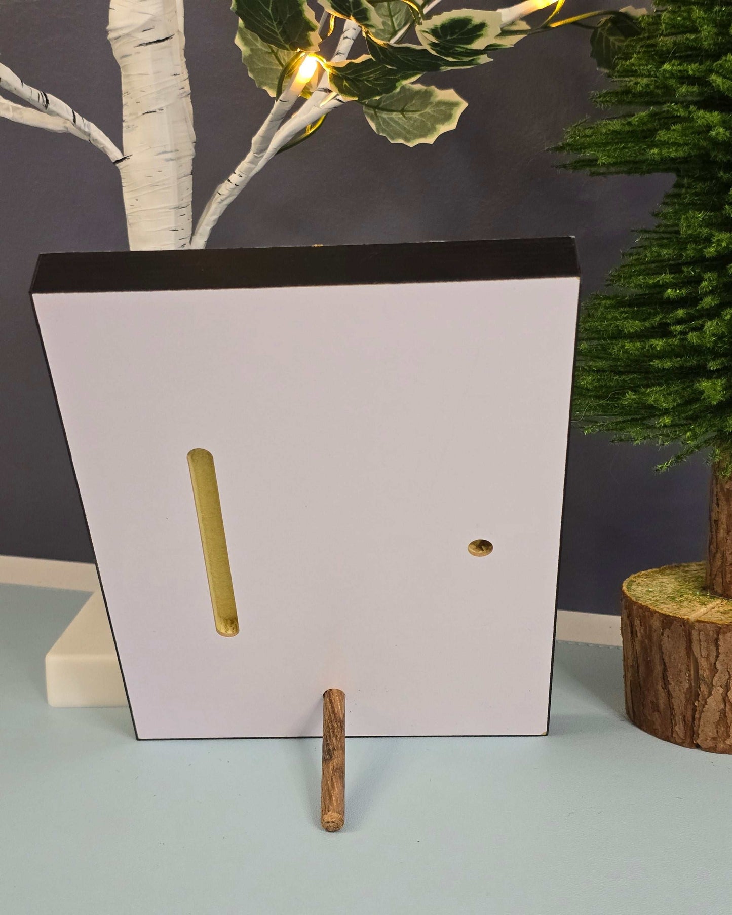 Back of 6x8 custom frameless photo block with built-in stand slot and wall mount option for vertical or horizontal display.