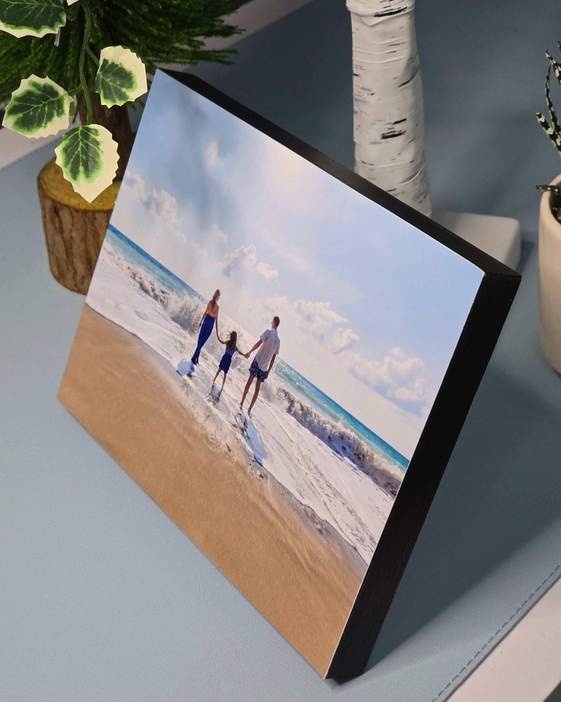 6x8 custom frameless photo block with black edge thickness showing personalized family beach photo print.