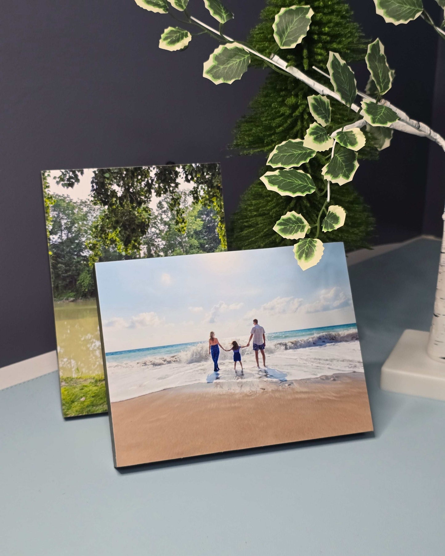 6x8 custom frameless photo block with black edges displaying personalized family beach photo, modern tabletop photo decor.