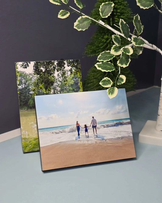 6x8 custom frameless photo block with black edges displaying personalized family beach photo, modern tabletop photo decor.