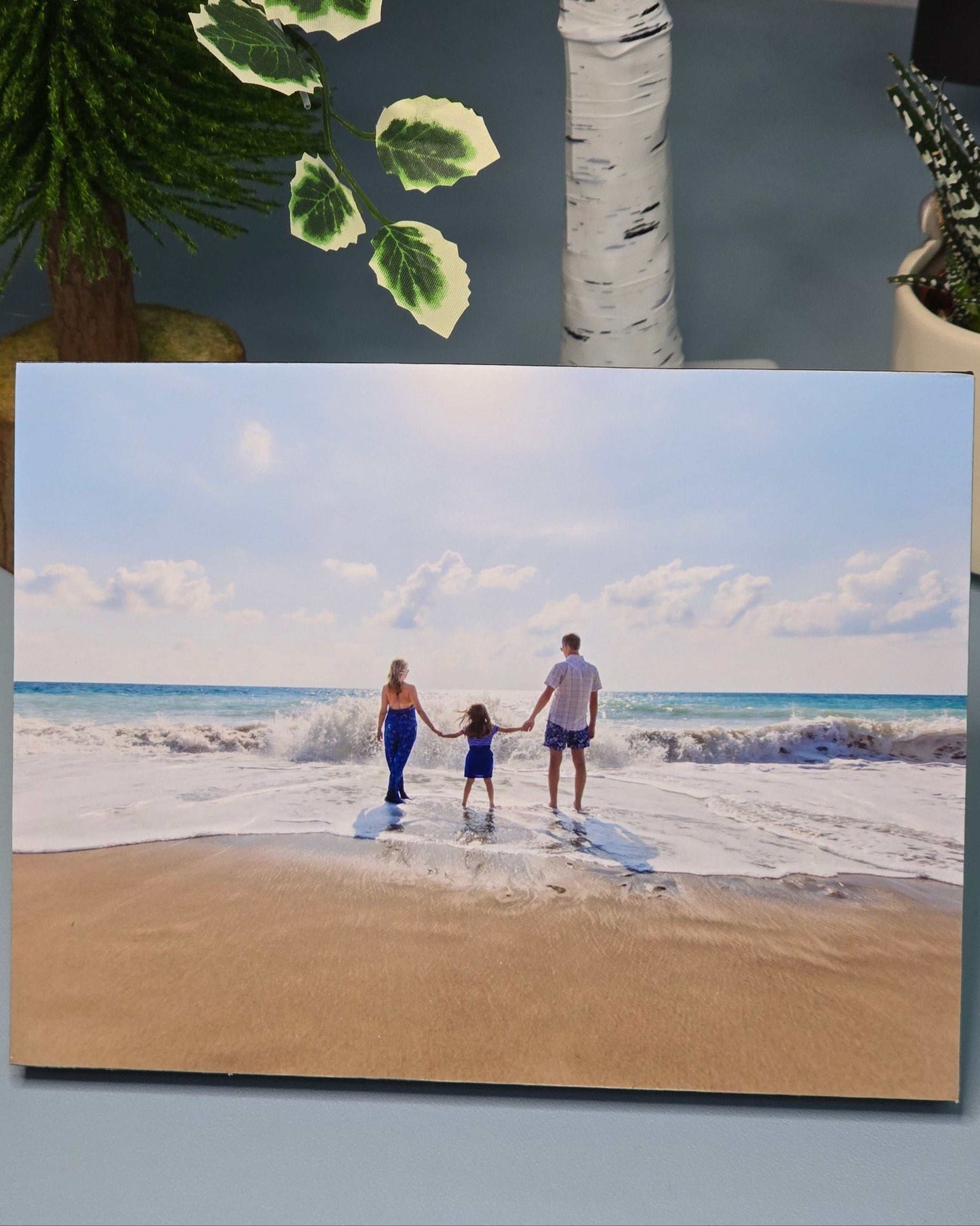 6x8 custom frameless photo block with black edges displaying personalized family beach photo print.