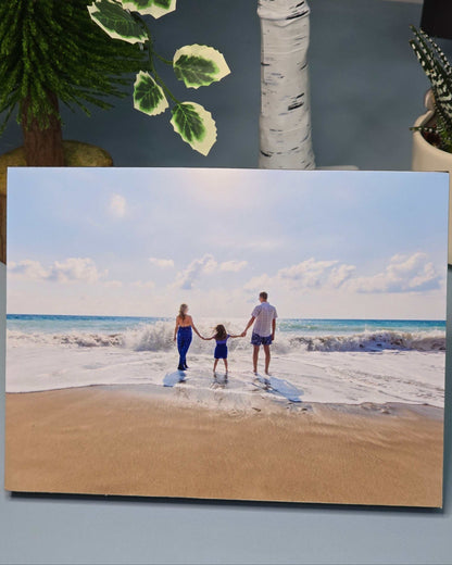 6x8 custom frameless photo block with black edges displaying personalized family beach photo print.