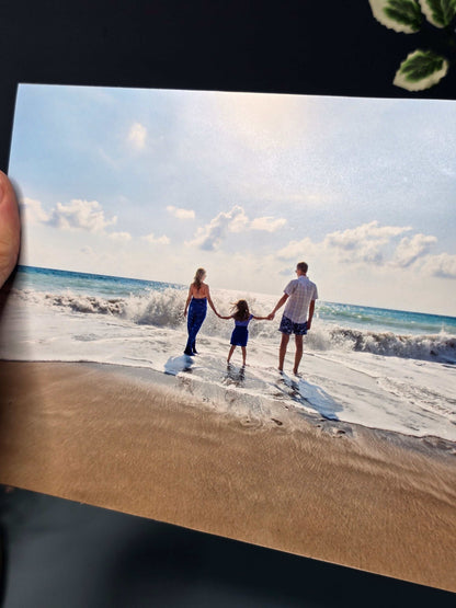 Close-up of 6x8 custom frameless photo block showing premium satin finish and personalized family photo print detail.