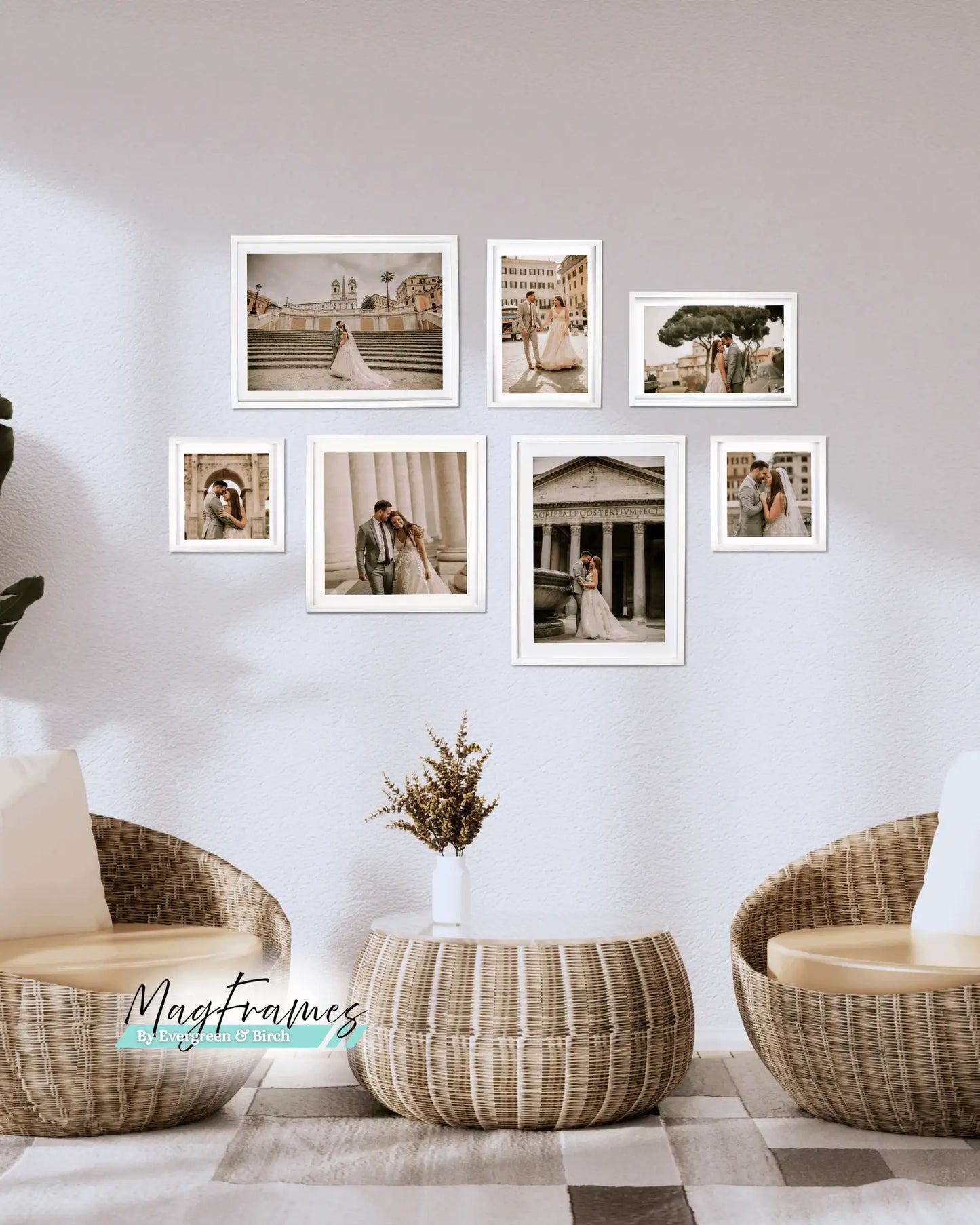 The Meadow 7-piece magnetic gallery wall set with white photo frames displayed in a modern living room.