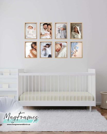 8x11 oak magnetic peel and stick photo frames arranged as a nursery gallery wall above a white crib.