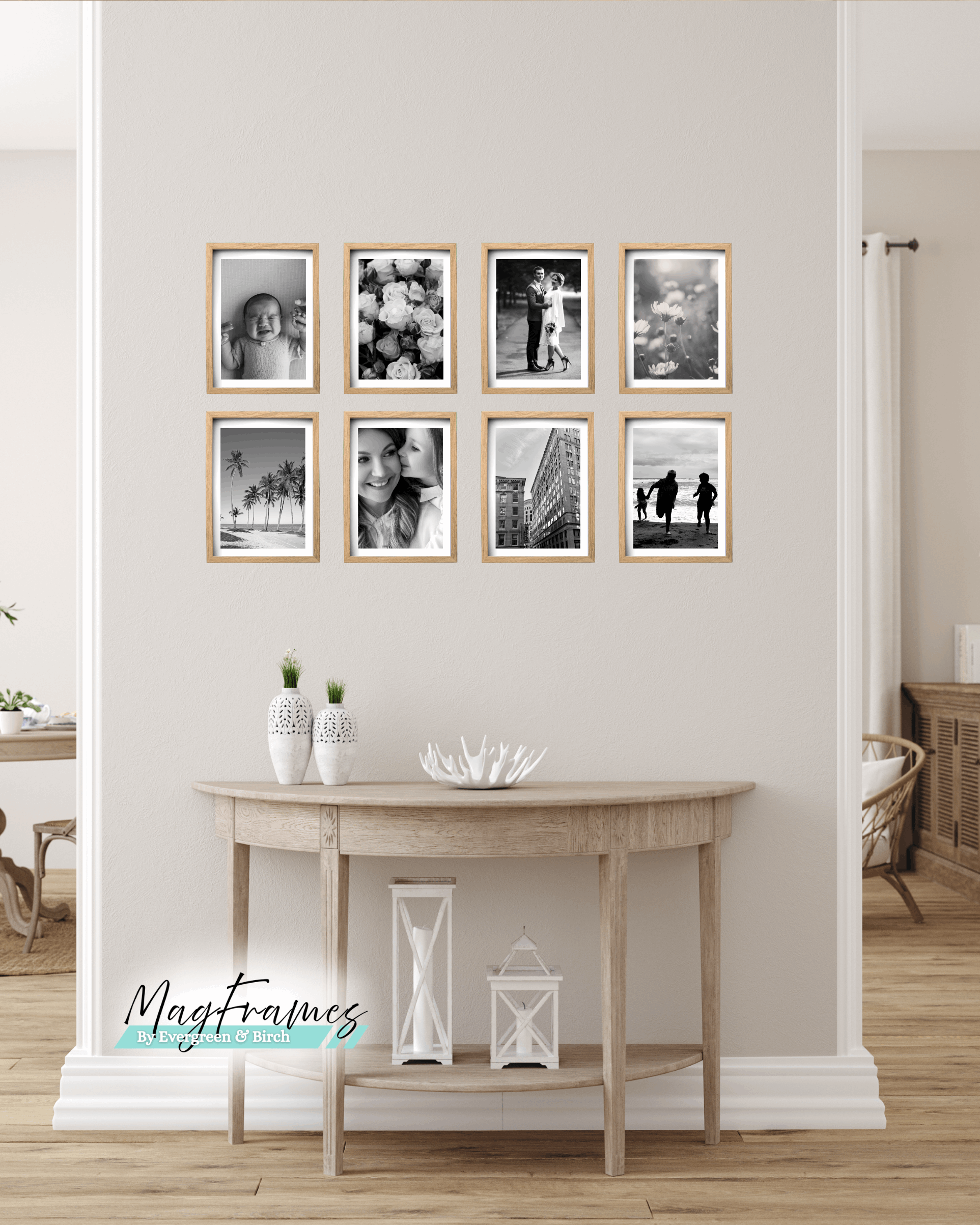 8x12 oak magnetic photo frames arranged as a gallery wall above a wooden console table in a modern Scandinavian home.