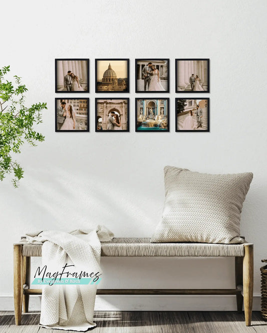 8x8 black magnetic peel and stick photo frames arranged as a wedding gallery wall set of 8 above a bench.