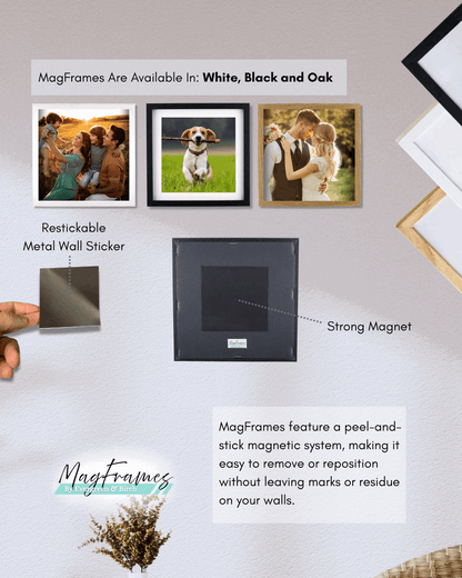 8x8 magnetic peel and stick photo frames showing restickable wall sticker and strong magnet backing system in white, black, and oak finishes.