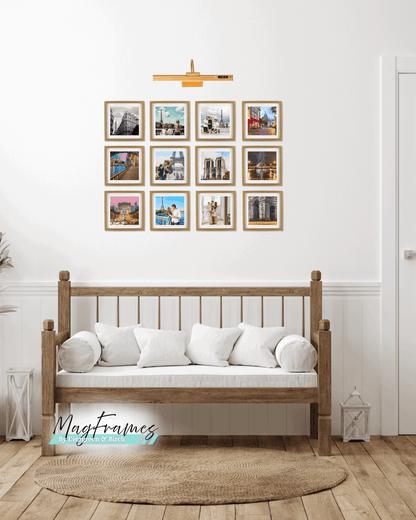 8x8 oak magnetic peel and stick photo frames arranged as a gallery wall set of 12 above a wooden bench.