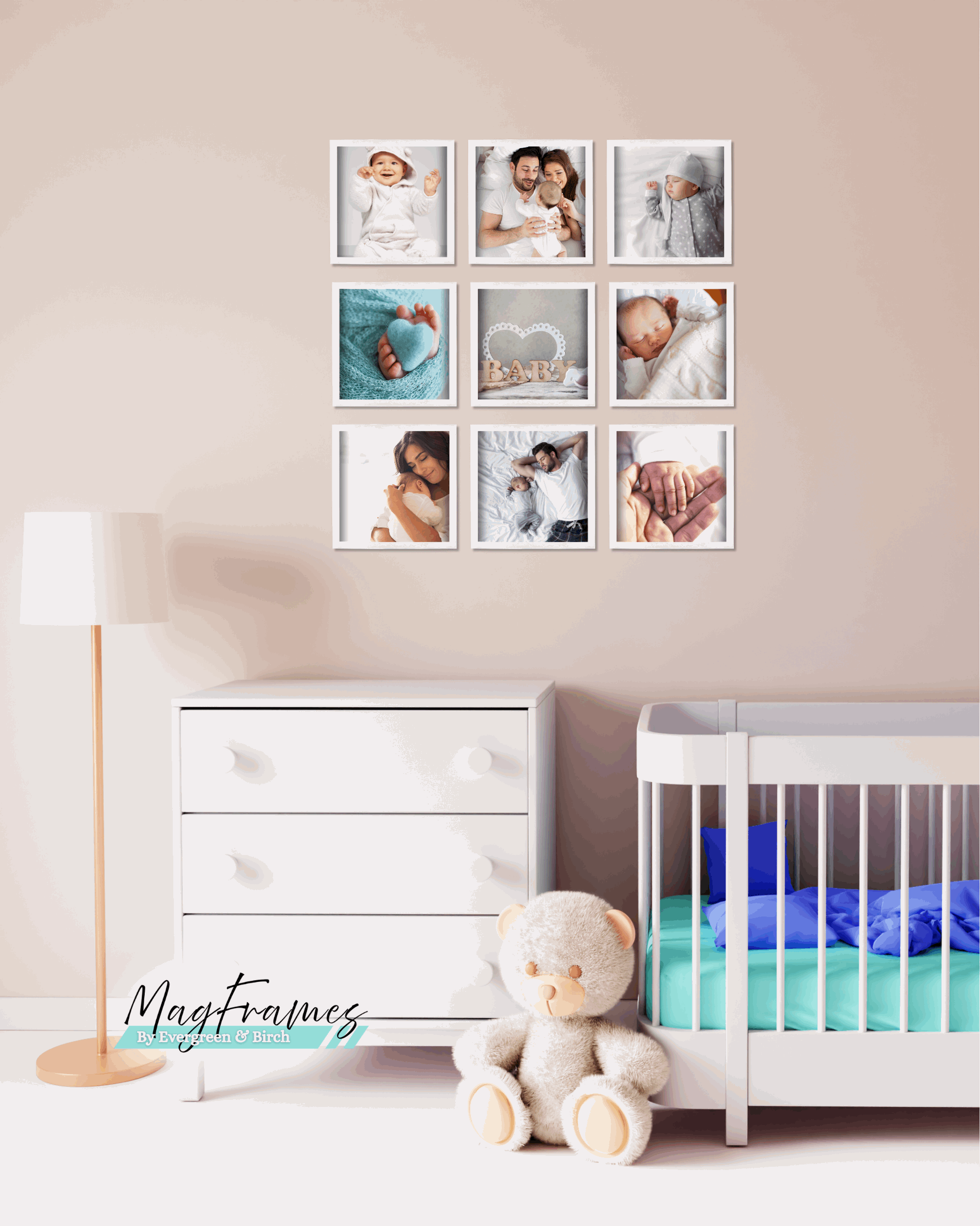 8x8 white magnetic peel and stick photo frames arranged as a nursery gallery wall set of 9 above a crib.