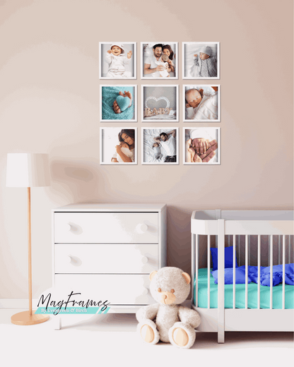 8x8 white magnetic peel and stick photo frames arranged as a nursery gallery wall set of 9 above a crib.