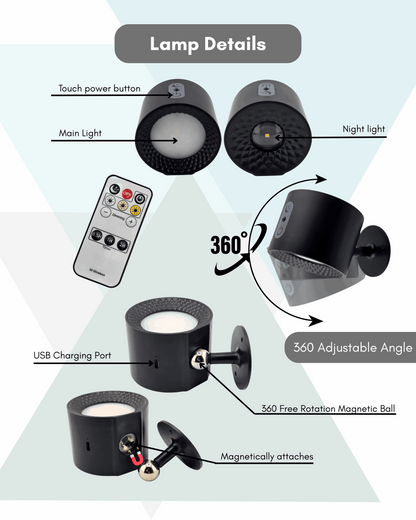 Diagram of a lamp with features such as touch power button, main light, night light, 360-degree adjustable angle, USB charging port, and magnetic attachment.