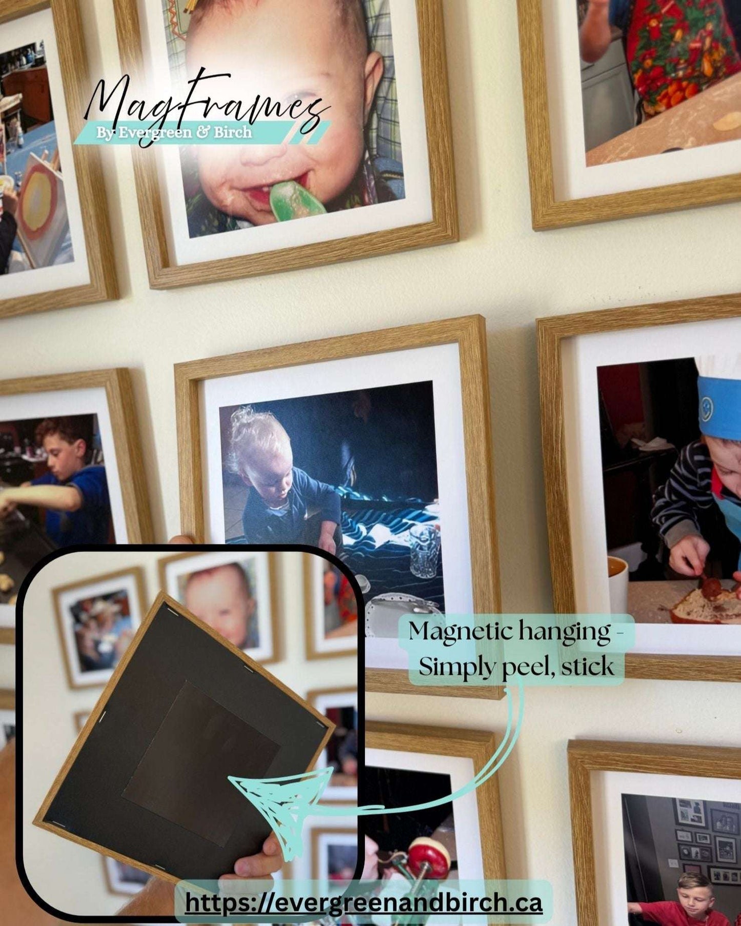 Collection of wooden Custom Magnetic picture frames with magnetic backing Family photos