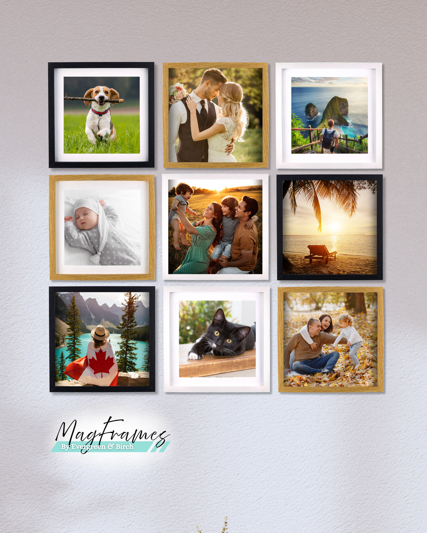 Collection of framed photos on a wall with 'MagFrames' branding.