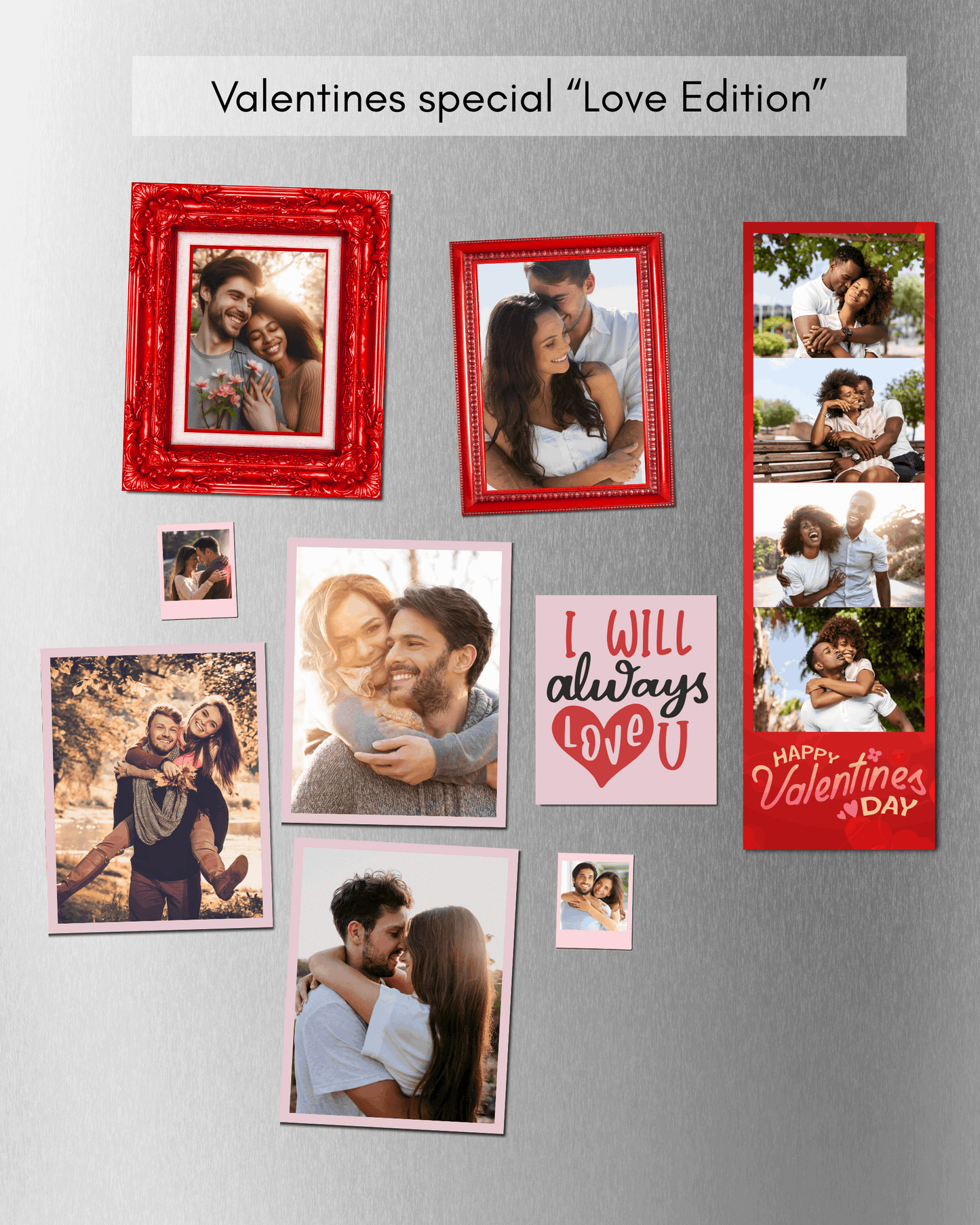 Valentine's Day themed photo collage with red frames on a metallic surface.