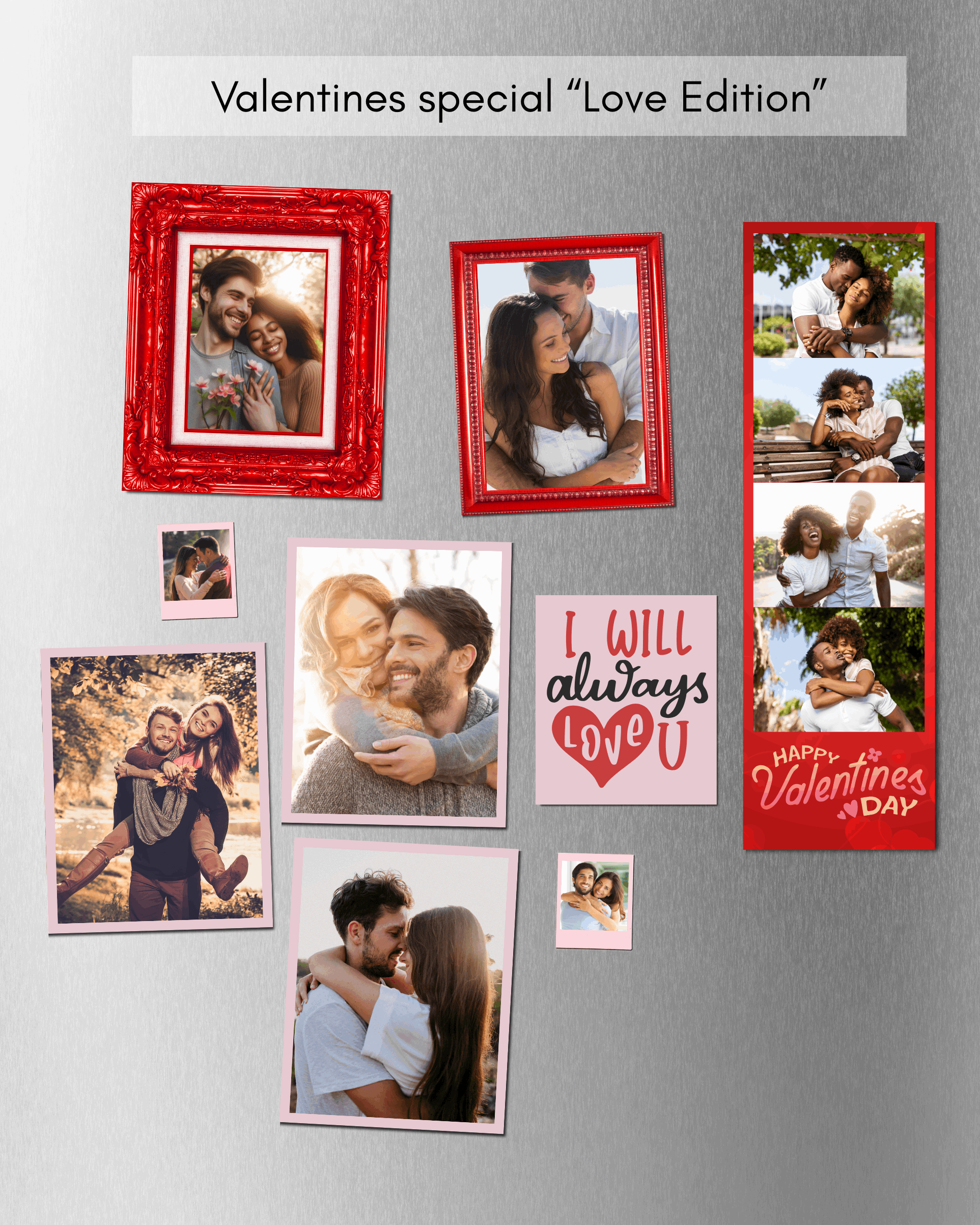 Valentine's Day themed photo collage with red frames on a metallic surface.